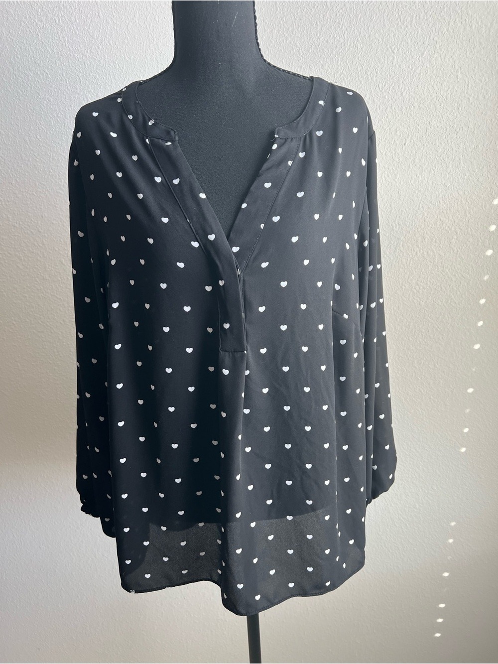 Philosophy Sheer Black Blouse with White Heart Print
